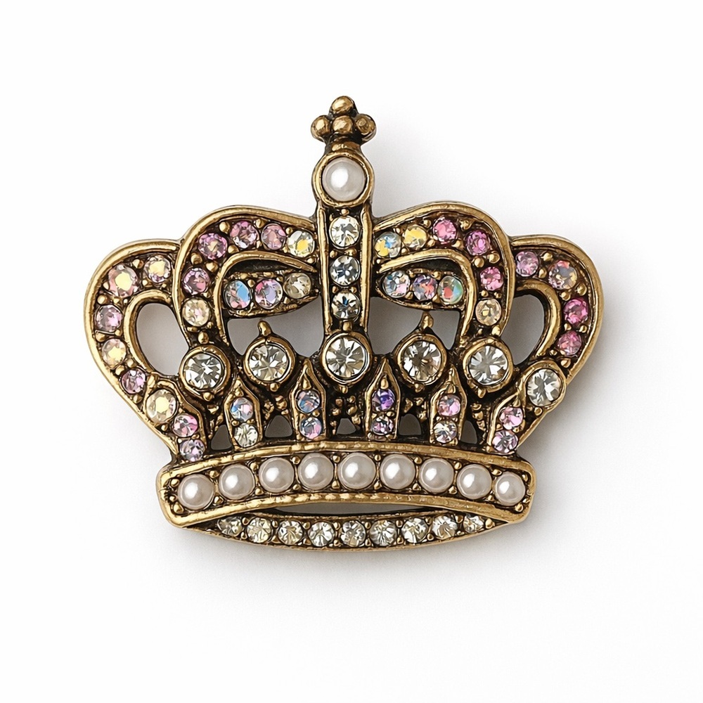 ⚜️ Gold Crown Brooch with Clear, Pink Crystals and Pearls Accents